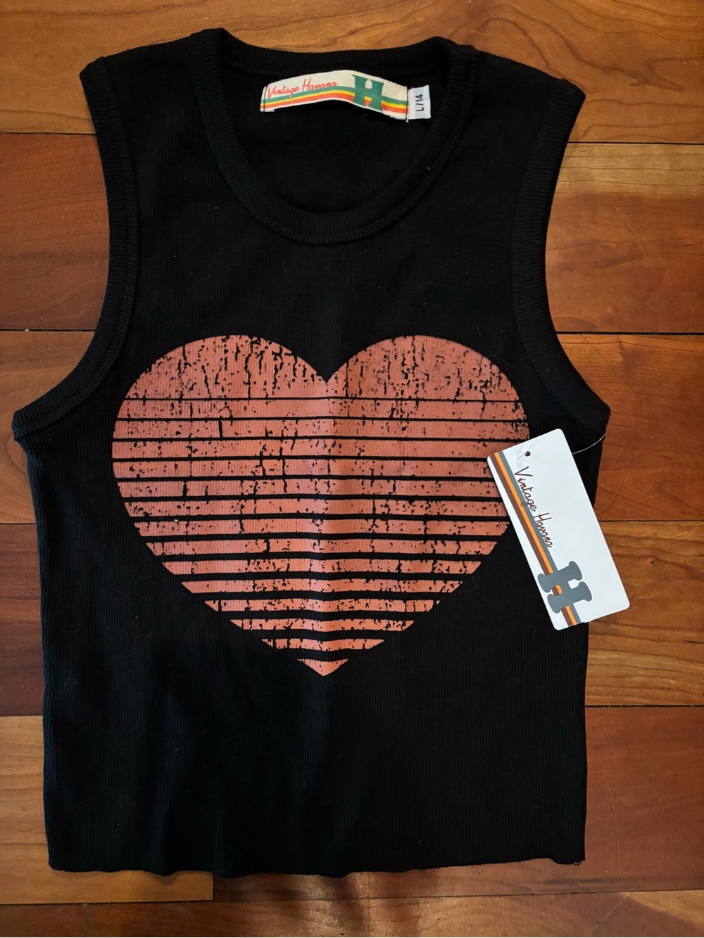 Girl’s Vintage Havana Kids Black Tank Top with Distressed Coral Heart - NWT